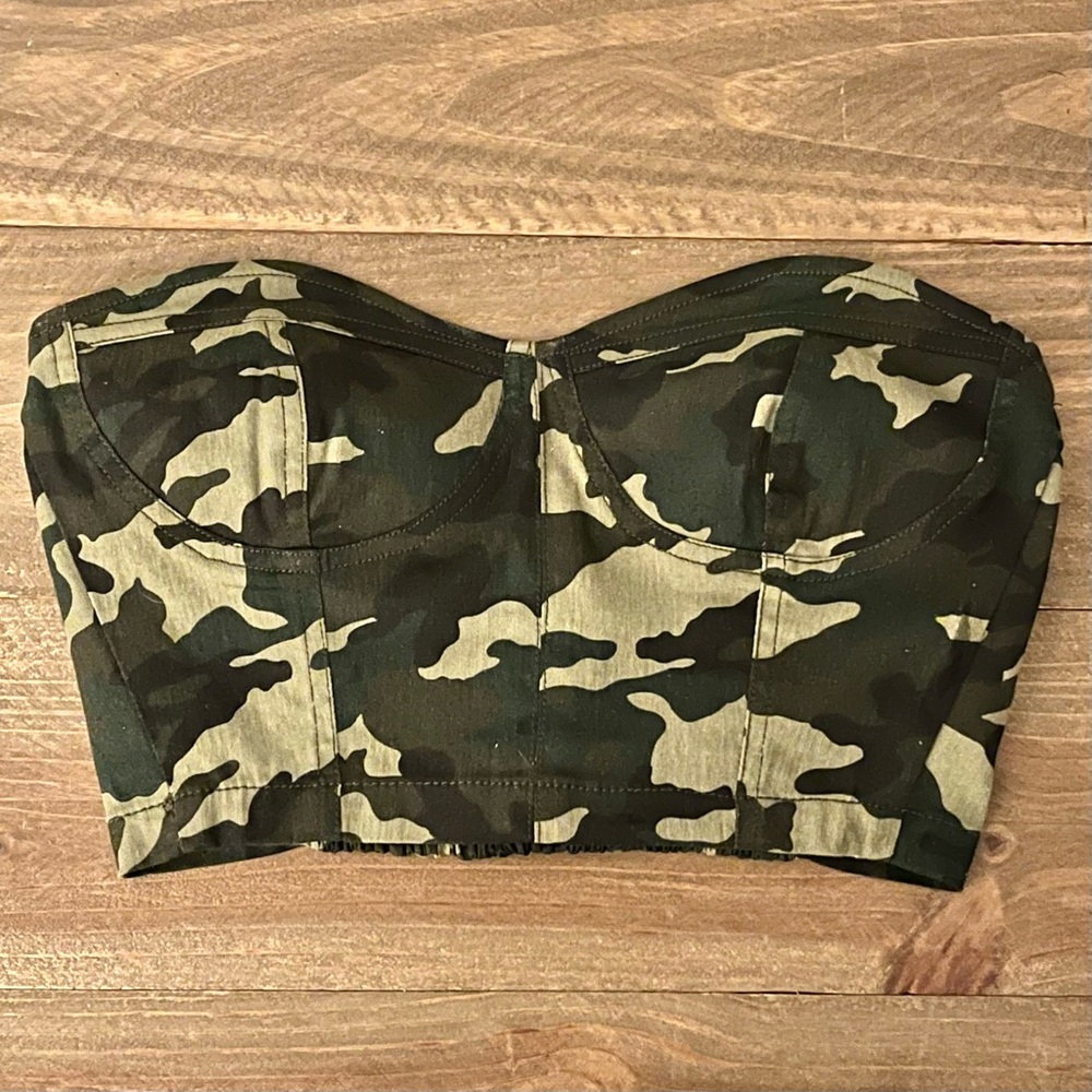 Camouflage Camo Cotton Bustier Top Elastic Back Panel Sz S 34-36” Bust EUC 2010s